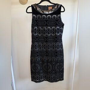 Tory Burch Black Dress with Silver Beaded Geometric Pattern